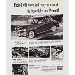 1950 Plymouth Sedan Vintage Print Ad Little Boys Driving with Dad 50s Wall Art